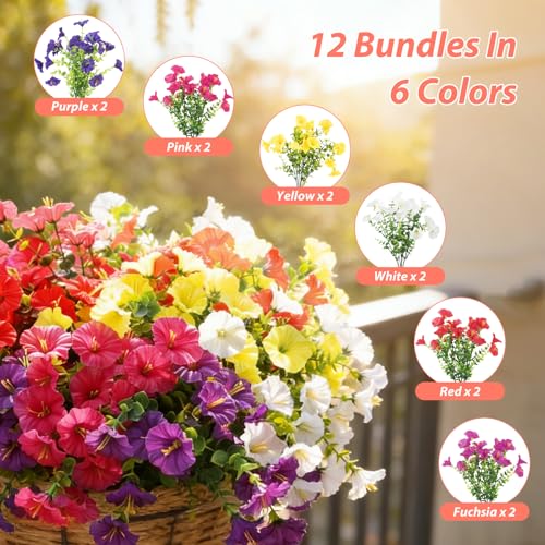 BSGlobal 12 Bundles Artificial Flowers for Outdoors Decoration, Faux Silk Morning Glory Flowers UV Resistant Fake Eucalyptus Plants for Spring Summer Garden Patio Home Decor (Mix) - color: 6 Mixed Colors