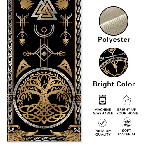 Viking Tree of Life Pagan Dining Table Runner, Vintage Black Gold Raven Birds Celtic Style Nordic Medieval Burlap Kitchen Decoration, Retro Indoor Outdoor Home Decor Party Supply 13 x 120 Inches - color: Viking Tree, size: Table Runner 13''X120''
