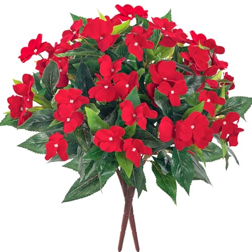 Fake Flowers Artificial Flowers for Outdoor，Artificial Plant Artificial Impatiens Bouquet Flowers for Outdoors Decoration，Silk Spring Artificial Plants for Outdoors Indoor Decor 2PCS (Red) - color: Red-2
