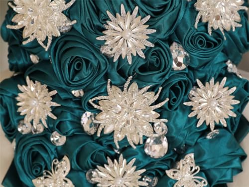 Luxury Cascade Bridal Wedding Bouquet Satin Rose Waterfall Holding Bouquet Artificial Flower Bunch for Bride Bridesmaid(Dark Green, 15" x 7.5") - color: Dark Green #1, size: 15"L x 7.5"W(38cm x 19cm)
