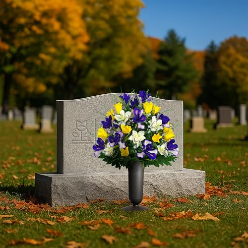 Sympathy Silks Artificial Cemetery Flowers - Grave Decoration - Yellow Tulips and Purple Iris (1) Bouquet (1) Vase - color: Yellow/Purple, size: (1) Bouquet (1) Vase