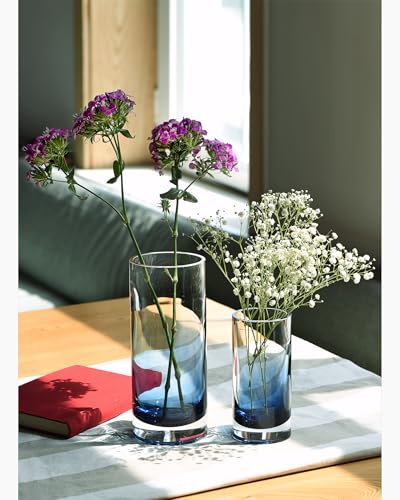 CONVIVA Blue Glass Cylinder Vases for Flowers Set of 2, Modern Hand Blown Thick Ombre Centerpieces, Heavy Coastal Home Decor for Dining Table, Tall and Small 10" & 7" - color: Blue Set of 2