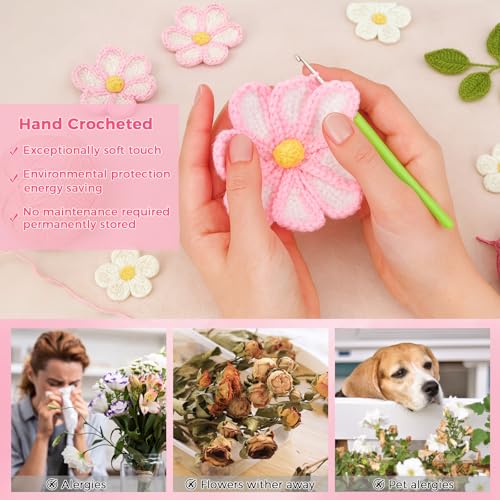 RICHMYC Crochet Flower Bouquet, 10.6 in Pink Handmade Crochet Bouquet Knitted Flowers Roses Tulip Flower, Mother’s Day Personalized Gifts for Birthday Anniversary Mom Women Wife Lover