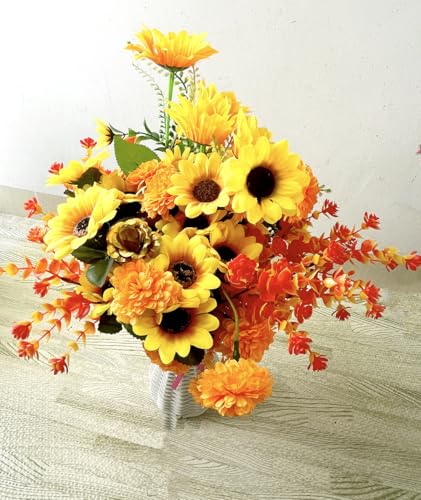 Aliotech Beautiful Yellow Sunflowers Artificial Flowers Mini Fake Sunflowers Bouquet with Stems for Home Decoration Party DIY Wedding Bouquets Baby Shower Outdoor Indoor Decoration(18 flowers)