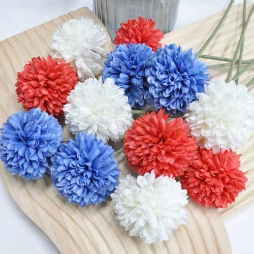 Artificial Chrysanthemum Ball Flowers Bouquet 12pcs on 4th of July Glorious Moral for Home Office Coffee House Parties Decoration (Red White Blue) - color: Red White Blue