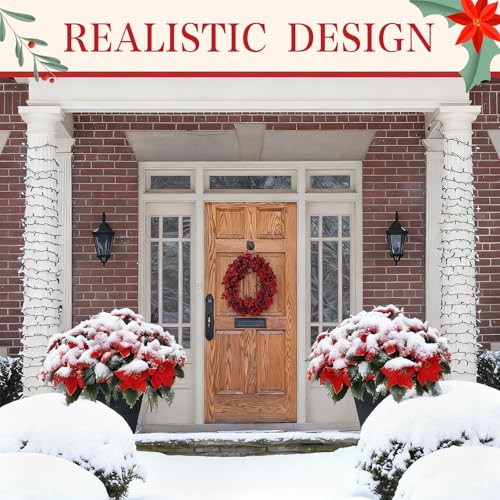 Suncalla 12 Pcs Artificial Poinsettia Bouquet 7 Heads Poinsettia Bush Christmas Flowers Holly Berry Stems with Red Berries Holly Leaves for Home Porch Garden Indoor Outdoor Holiday Xmas Decorations