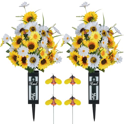 Artificial Cemetery Flowers for Grave: 2 Pcs Yellow White Sunflower Grave Flower Bouquets for Cemetery Decorations - Spring Outdoor Gravesite Flowers with Vase - color: Yellow & White