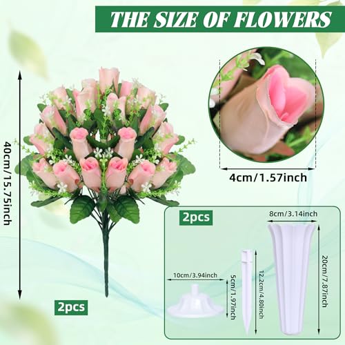 Artificial Cemetery Flowers for Grave,2Pack Memorial Roses Bouquets with Vase for Grave Tombstone Decorations(Pink) - color: Pink
