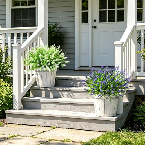 AmyHomie Artificial Plants & Flowers for Outdoors – 16 Bundles White Fake Lavender Flowers & Monkey Grass, UV Resistant Faux Greenery for Patio, Porch, Planter, Garden and Window Decor - color: Lavender White, size: 16