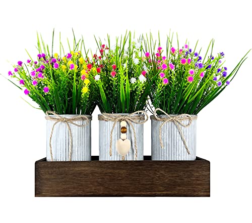 Gypsophila Baby's Breath Artificial Flowers in Rustic Metal Pots and Wood Tray, Table Centerpiece Decorations Fake Flowers for Home Décor - style: Gypsophila Baby's Breath
