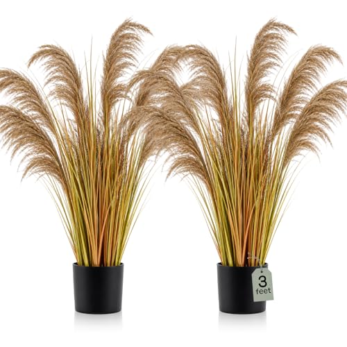 Jexine 2 Pcs Pampas Grass Potted Plants 3 ft Tall Artificial Grass Potted Artificial Greenery Floor Plants Tall in Pot for Housewarming Gift House Garden Bathroom Lobby Outdoor Decoration (Autumn) - color: Autumn, size: 3 ft