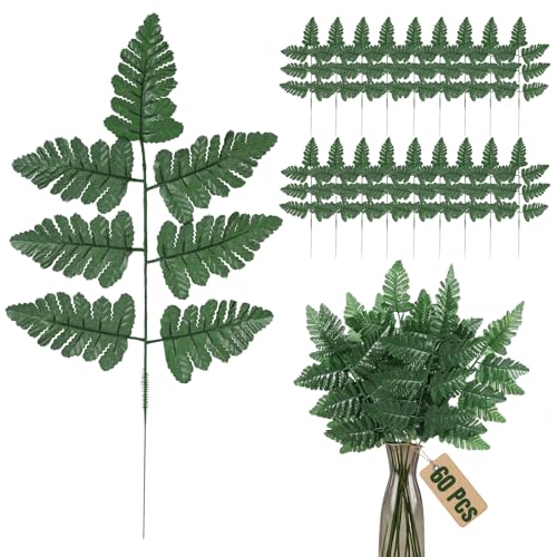 60 Pack Artificial Fern Leaves, 17 Inch Realistic Faux Fern Greenery Stems, Lifelike Fake Foliage for Wedding Arch, Home Decor, Vase Filler, Floral Arrangements, No Maintenance