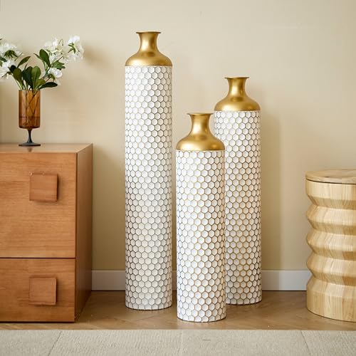 White Tall Floor Vase:24.4/28.7/33.4in Extra Large Metal Decorative Vases Modern Honeycomb Set of 3 for Living Room Dining Bedroom Home Corner Indoor - color: Floor Vase White Honeycomb