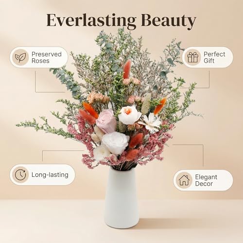 17" Dried Flower Bouquets with Vase Included, 100% Natural Dried Flowers with Forever Pink Roses,Bunny Tails,Eucalyptus Rustic Boho Decor for Home,Party Fall Decor - color: Pink Rose With Vase