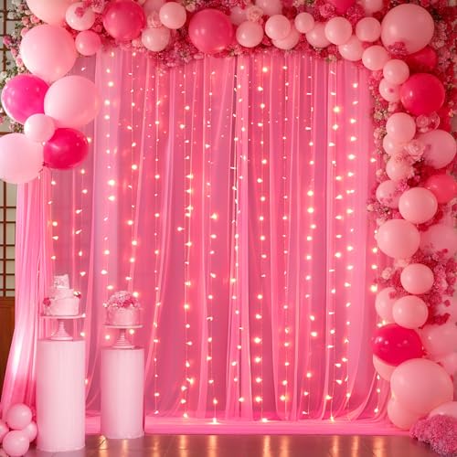 Hot Pink Tulle Backdrop Curtain with Lights for Parties 10x8ft Fuchsia Sheer Backdrop Curtains for Weddings Birthday Baby Shower Photo Shoot Background Decorations - color: Hot Pink, size: 10 ft X 8 ft(2 Panels 5ft X 8ft)