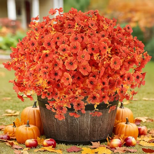 24 Bundles Artificial Fall Flowers Outdoor UV Resistant Fake Mums Bulk Outdoor Faux Mums Plants Plastic Flower Decorations for Home Garden Porch Hanging Planter Vase Autumn Decor Outside, Orange - color: Orange, size: 24PCS