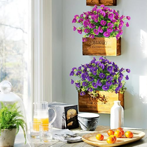 SJL Artificial Faux Outdoor Flowers Spring Summer Decoration 10 Bundles Fake Plastic Plants Artificial Morning Glory UV Resistant Flowers for Outside Front Porch Garden Backyard Decor(Purple) - color: Bundle Purple