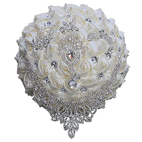 XINNI Handmade Bridal Wedding Bouquet Bride Bridesmaid Satin Rose Flower Bouquet with Drop-Shaped Rhinestone Wedding Decoration Ivory - color: Ivory