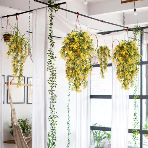 RECUTMS Artificial Hanging Plants 4 Pcs Ferns Plants Large Faux Artificial Hanging Plants Wall Plants Fake Ivy Room Decor Home Garden Wedding Party Indoor Outdoor Decorations(Yellow) - color: Style1-yellow