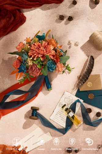 TINGE TIME Artificial 9 Inch Bridal Bouquet, Burnt Orange & Dark Teal Flower Bouquet with Roses for Bride, Bridal Tossing Bouquet for Fall Wedding Ceremony Bridal Showers Wedding Decoration - color: Burnt Orange & Dark Teal