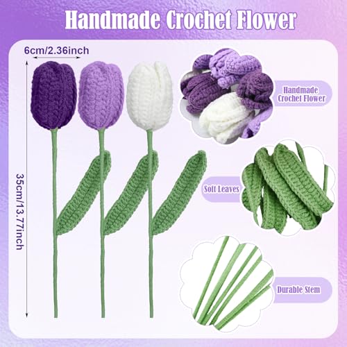 Shihanee 10 Pcs Tulip Crochet Flowers Bouquet Handmade Knitted Flower Decor Birthday Gifts for Women Grandma Spring Home Vase Centerpiece, 13.7", Vase Not Inchluded(Purple, White) - color: Purple, White