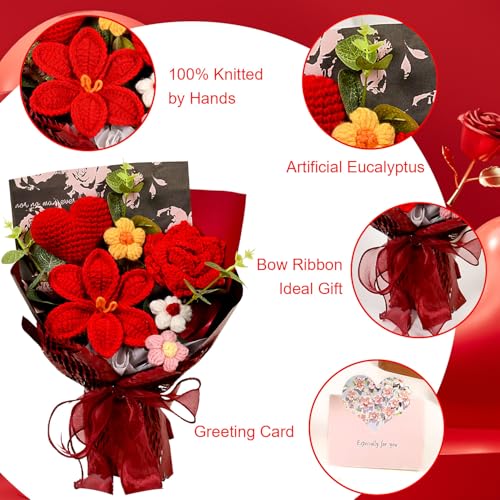 Crochet Flowers Bouquet - Crochet Tulips Roses Love Heart Daisies Knitted Flowers for Valentine's Day Anniversary Wedding Engagement Christmas Birthday Gifts Home Décor, Red - color: Z: Red - Love Heart