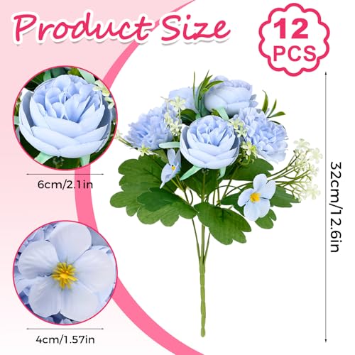 Olgaa 12 Bundles Peonies Artificial Flowers Fake Hydrangea Silk Peony Bouquet Bulk for Vase Floral Arrangements Wedding Arch Decor Centerpiece Table Decorations (Blue) - color: Blue