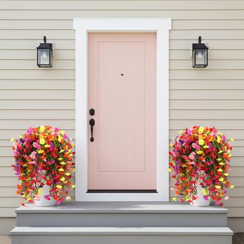 CEWOR 4pcs Artificial Hanging Plants for Outdoor, Fake Flowers Faux Silk Morning Glory with Eucalyptus, UV Resistant Realistic Faux Flower Greenery for Outside Indoor Home Porch Patio Decor - color: Multicolor Morning Glory