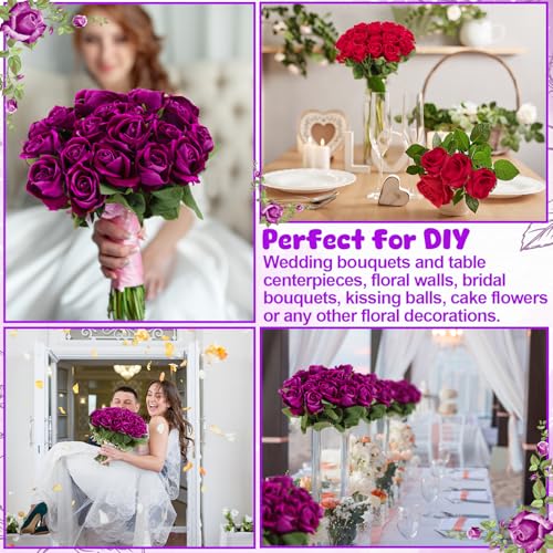 36 Pcs Dark Purple Velvet Artificial Flowers, Realistic Fake Roses Bulk for Wedding Arch, Bouquet Making, Centerpieces - color: Purple