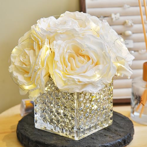 Artificial Rose in Glass Vase Vintage Silk Flower Arrangement with LED Light for Table Centerpiece Home Wedding Decoration (Cream) - color: Cream