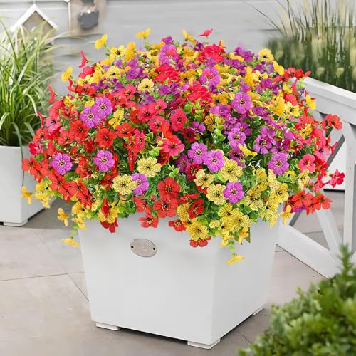 ADXORA 24 Bundles Artificial Flowers,Faux Plants for Spring Summer Decoration, UV Resistant Colorful Violets Eucalyptus for Outside Home Planter Porch Patio Yard Decor - color: Purple,red,yellow,hot Pink