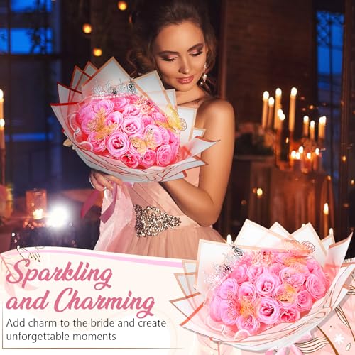 Thiccywoov 36 Pcs Glitter Roses Bouquet Artificial Rose DIY Flower Bouquet Kit Flower Wrapping Paper 3D Butterflies Crowns for Mom Graduation Birthday (Pink) - color: Pink