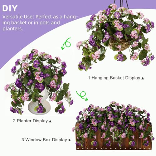 Artificial Geranium Flowers for Outdoor 2 Pcs Artificial Pink Flower Fake Flowers with Stems Silk Realistic Look Real Floral Arrangement for Front Door Porch Planter Patio Balcony (2 Pcs Purple+Pink) - color: 2 Pcs Purple+pink