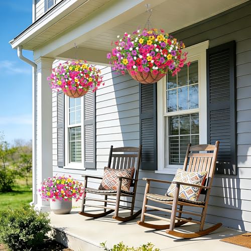 INXUGAO Artificial Silk Flowers Hanging Baskets Outdoors Indoors, Daisy with Eucalyptus Leaves Arrangement for Garden Yard Spring Summer Decor Faux Green Plant Metal Coconut Lining - color: 5multicolor