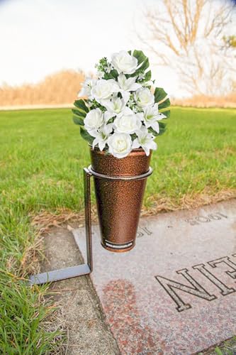 Briful 2 Set Artificial Cemetery Flowers for Grave, Silk Sympathy Grave Flowers Bouquet Fake Roses Lily Floral Arrangement for Outdoor Funeral Graveyard Headstones Vase Memorial Decor(White) - color: White