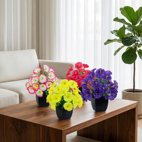LOYWREE 4 Pack Small Faux Plants Spring Artificial Flowers Fake Plants Indoor Bathroom Accessories for Home Room Office Desk Decor(Black Square Pot) - color: Morning Glory-black Pot, size: Black Pot