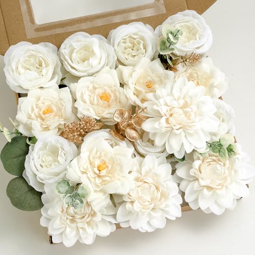 BSMYBO Artificial Flowers Fake Rose Combo Box Set Ivory White Silk Flowers Camellia White Dahlia Leaf with Stems for DIY Wedding Bouquets Table Centerpieces Baby Shower Party Home Bridal Decorations - color: White, size: PureBlooms