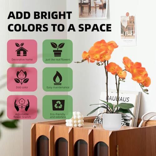 CXGS Orchids Artificial Flowers Real Touch Fake Flowers in Ceramic Pot 20" Orange Faux Orchid Plant Lifelike Silk Phalaenopsis for Centerpiece Hotel Home Indoor Decor - color: Orange- White Vase
