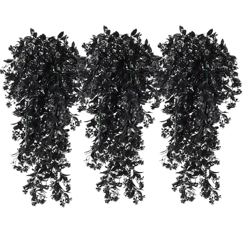 SJL Black Artificial Hanging Plant Faux Ivy Flowers Artificial Hanging Flowers Fake Greenery Outdoor Plastic Plant Faux Vine Leaves for Indoor Outdoor Home Halloween Party Room Decoration 3Pcs (Black) - color: Hanging Black Rose