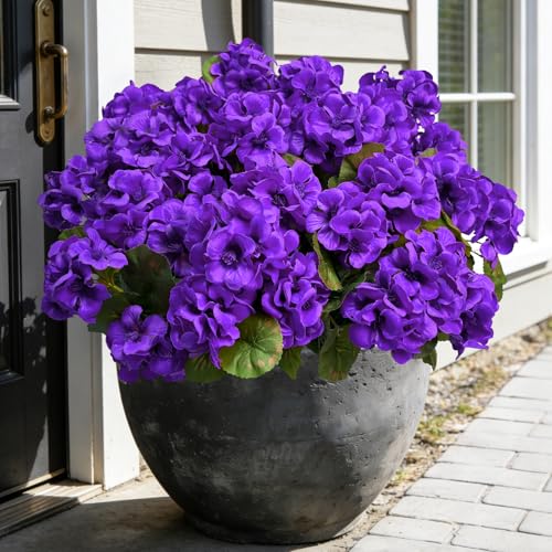 Roberly 6 Pcs Artificial Flowers for Outdoors, Purple Fake Geranium Flowers UV Resistant Realistic Silk Faux Plants for Spring Summer Front Door Yard Window Box Indoor Home Decor - color: Purple