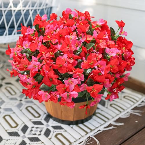 Artificial Flowers for Outdoors Outside Spring Summer Decor, 4 Bundles Silk Bougainvillea Fake Plants Faux Outdoor Flowers for Planters UV Resistant Realistic for Porch Window Garden Home, RedHotpink - color: Redhotpink