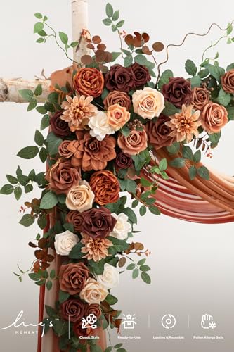 Ling's moment Wedding Arch Flowers with Drapes Kit-Pack of 5, 2pcs Flower Arrangements 3pcs Sheer Hanging Drapes Ceremony Arbor Backdrop Artificial Rose Floral Decor, Terracotta & Burnt Orange - color: Or-terracotta & Burnt Orange