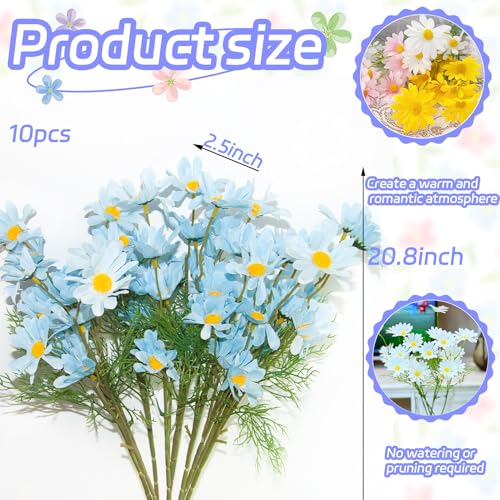 Artificial Daisies for Outdoors, 20.8 Inch Blue Daisy Artificial Flowers, 10 Bundles Faux Wildflowers for Decoration, Wedding, Table Centerpiece - color: Blue