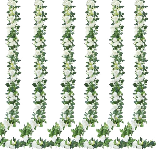 Sggvecsy 6Pcs 46.5Ft Artificial Rose Vine Fake Flower Garland Floral Garland Faux Silk Hanging Vine Rose Ivy Vines for Wedding Arch Party Wall Garden Ceremony Background Outdoor Decor (White) - color: White, size: 6Pcs