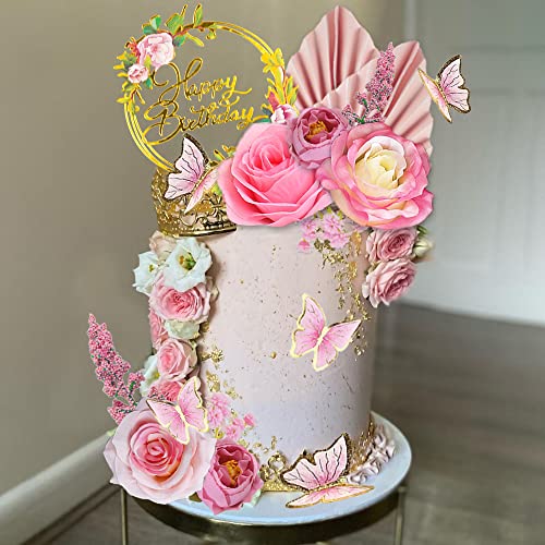 17 PCS Flower Cake Toppers Boho Cake Toppers Butterfly Cake Decorations with Light Artificial Roses Eucalyptus for Wedding Birthday Supplies (Light Pink) - style: Light Pink