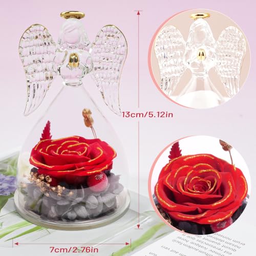 Miofula Gifts for Mom Birthday Gifts for Women, Preserved Flowers Rose in Glass Angel Figurines, Fresh Flowers for Delivery Anniversary Forever Real Roses Gifts for Mothers Grandma Her Wife Girlfriend - color: Red Dipped Gold