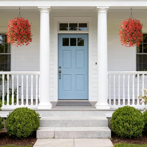 Artificial Hanging Baskets Outdoor, 4 Bundles Artificial Hanging Flowers Outdoors Spring Summer Decoration, No Fade Realistic Fake Hanging Baskets for Porch Patio Balcony Home Yard Decor - color: Red