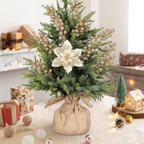 Alupssuc 24 Pieces Christmas Tree Decorations, 12 PCS Gold Poinsettia Flowers Artificial and 12 PCS Glitter Christmas Tree Picks for Christmas Decorations Party Wreath Fireplace Stairs, Gold - color: Gold