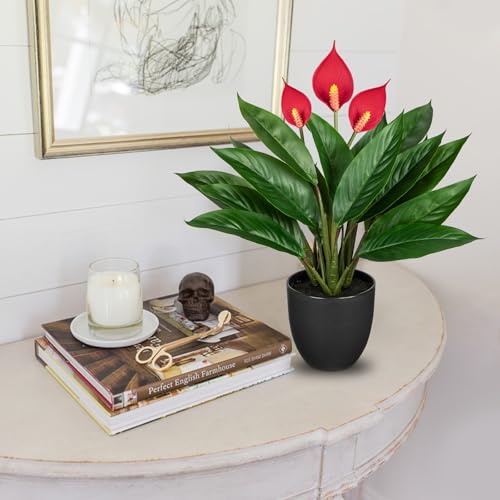 GnFlus 20'' Realistic Red Anthurium Artificial Potted Plant, Fake Flowers for Home Office Farmhouse Kitchen Bathroom Table Shelf Decor - color: 20'' Pink