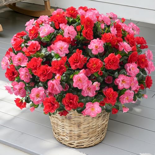 Artificial Fake Outdoor Flowers Plants, Faux Silk Camellia Bundles UV Resistant No Fade Realistic for Planter Pot, Outside Porch Patio Balcony Garden Yard Home Decoration, 3 Large Bundles(Melon Red) - color: Melon Red+red